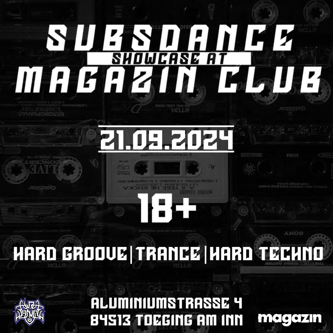 schwarz-weiß-flyer: subsdance showcase at magazin club, kassetten-textur, 2024